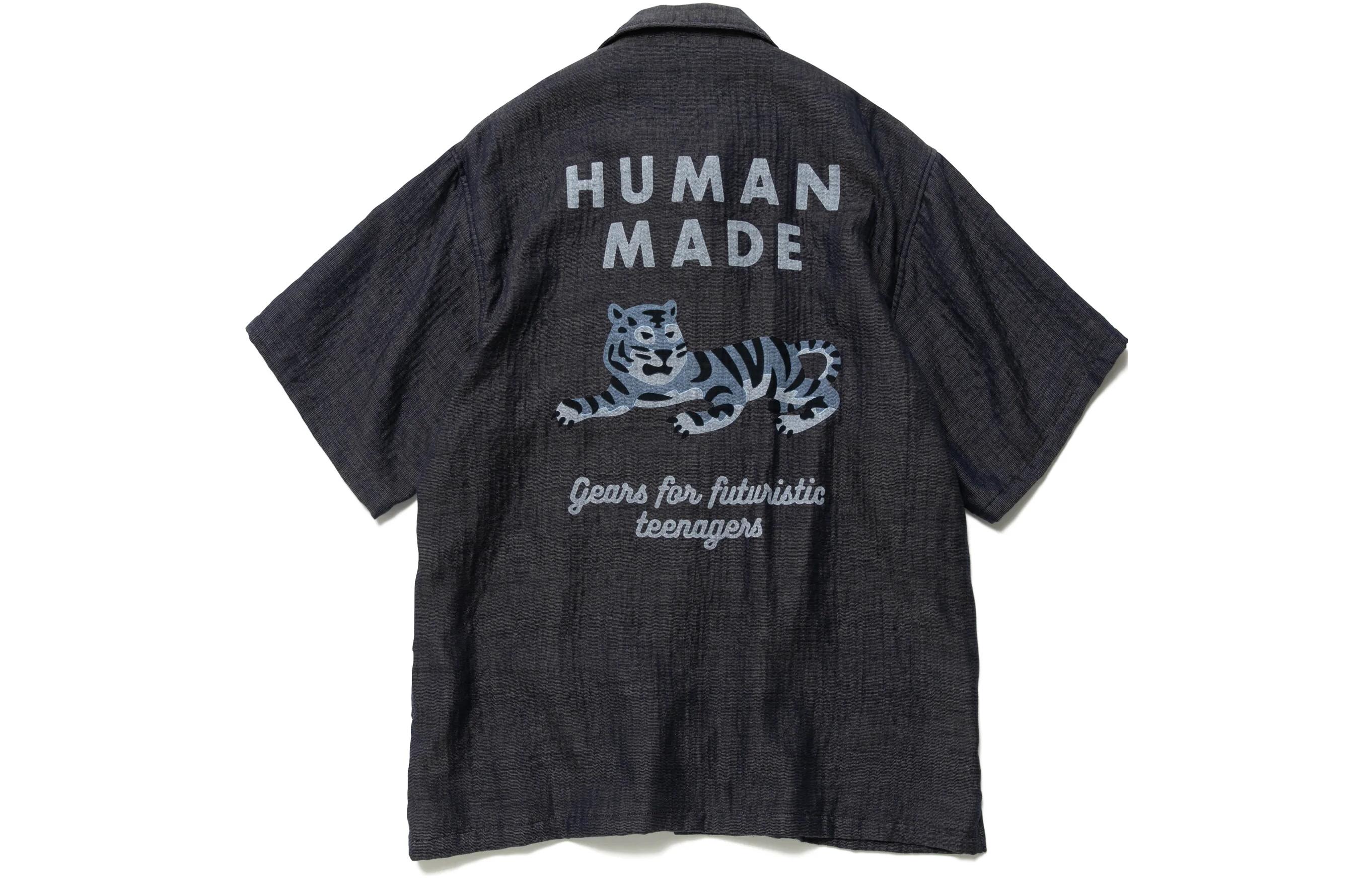 HUMAN MADE Tiger Logo Button-Up Short Sleeve Shirt Navy Unisex. HM23SH017