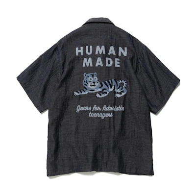 HUMAN MADE Tiger Logo Button-Up Short Sleeve Shirt Navy Unisex. HM23SH017