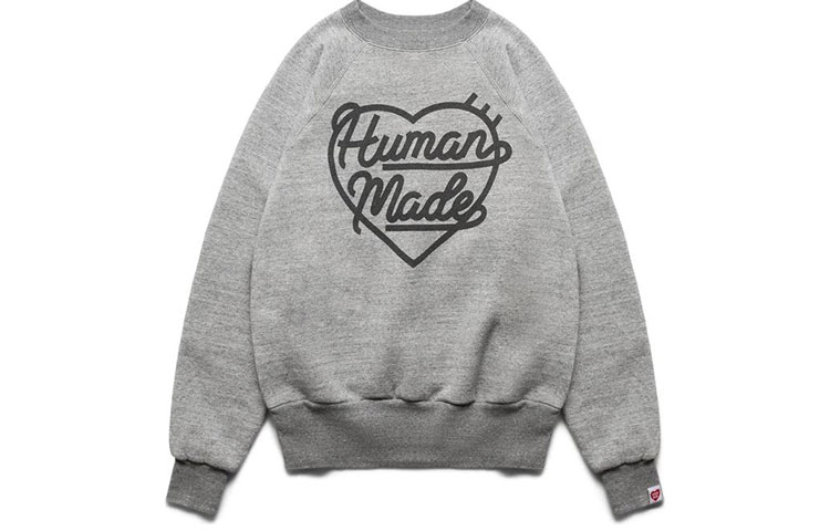 HUMAN MADE Unisex Raglan Crewneck Sweatshirt Letter Heart Print Pullover. HM23CS009