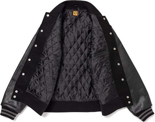 HUMAN MADE x KAWS FW23 Black Heart Patch Logo Varsity Jacket Unisex. XX26JK009 Shop HUMAN MADE x KAWS FW23 Black Heart Patch Logo Varsity Jacket Unisex. XX26JK009