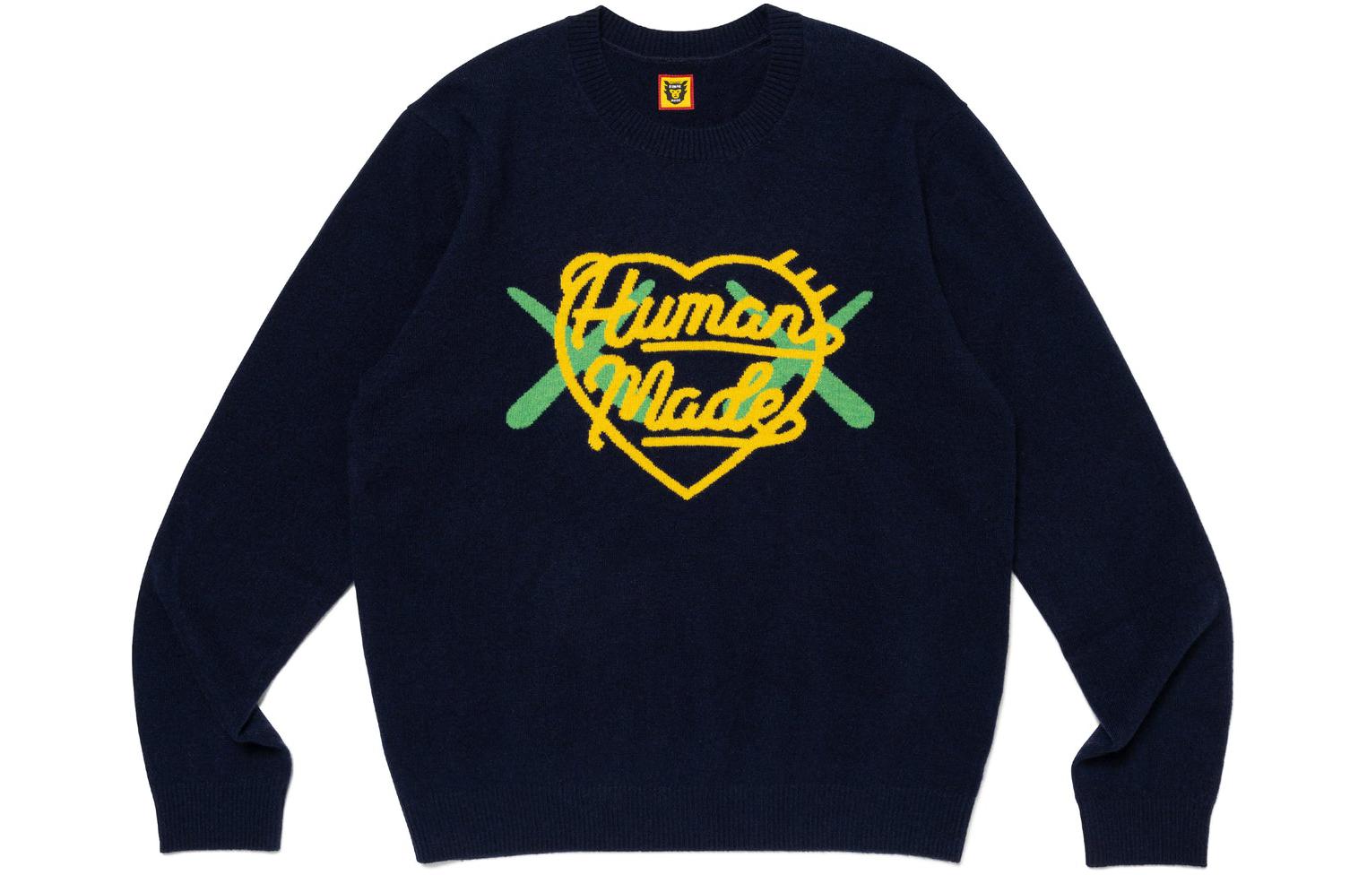 Shop HUMAN MADE x KAWS FW23 Sweater Unisex Logo Hati Jacquard Knit XX26CS004