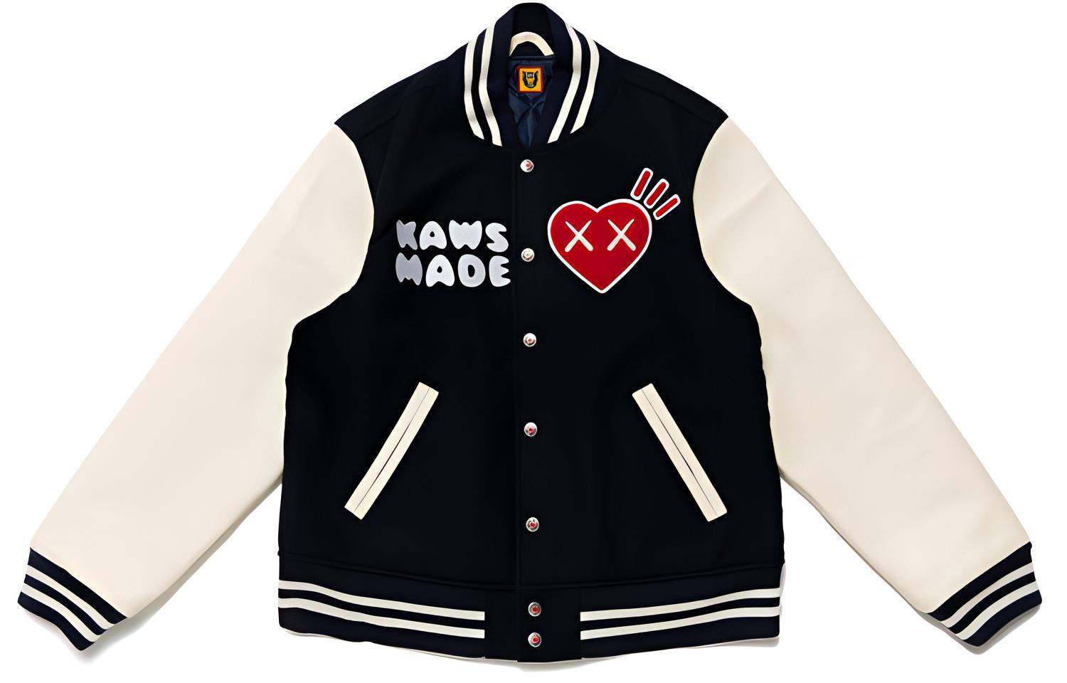HUMAN MADE x KAWS Navy Blue Heart Ape Varsity Jacket Collaboration. XX22JK004NY4