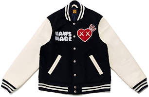 HUMAN MADE x KAWS Navy Blue Heart Ape Varsity Jacket Collaboration. XX22JK004NY4 HUMAN MADE x KAWS Navy Blue Heart Ape Varsity Jacket Collaboration. XX22JK004NY4