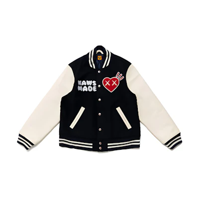 HUMAN MADE KAWS Navy Blue Heart Ape Varsity Jacket Collaboration. XX22JK004NY4