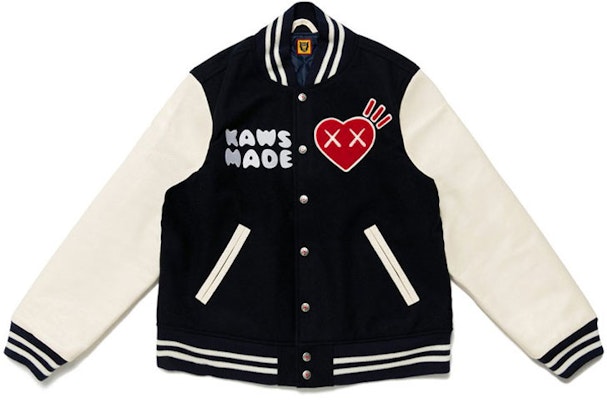 HUMAN MADE x KAWS Navy Blue Heart Ape Varsity Jacket Collaboration. XX22JK004NY4 Order HUMAN MADE x KAWS Navy Blue Heart Ape Varsity Jacket Collaboration. XX22JK004NY4