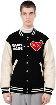 HUMAN MADE x KAWS Navy Blue Heart Ape Varsity Jacket Collaboration. XX22JK004NY4 Purchase HUMAN MADE x KAWS Navy Blue Heart Ape Varsity Jacket Collaboration. XX22JK004NY4