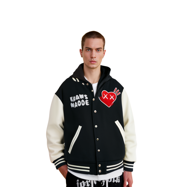 Sizing 휴먼메이드 x 카우스 네이비 블루 하트 에이프 바서티 재킷 콜라보. XX22JK004NY4