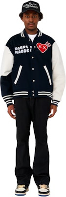 HUMAN MADE x KAWS Navy Blue Heart Ape Varsity Jacket Collaboration. XX22JK004NY4 Cheap HUMAN MADE x KAWS Navy Blue Heart Ape Varsity Jacket Collaboration. XX22JK004NY4