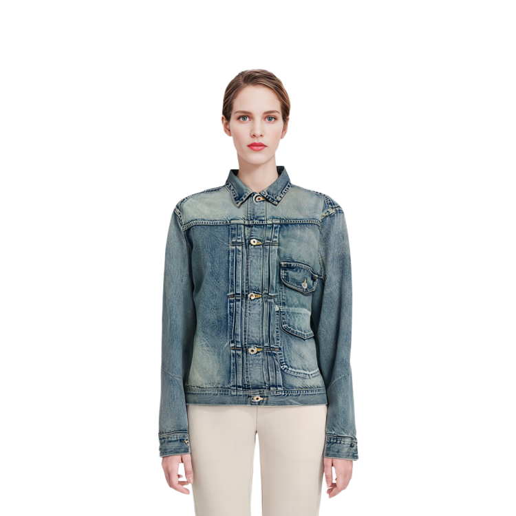 Shop HUMAN MADE x VERDY SS24 Jaket Denim Indigo Unisex Workwear dengan Kolar Butang. XX27JK012