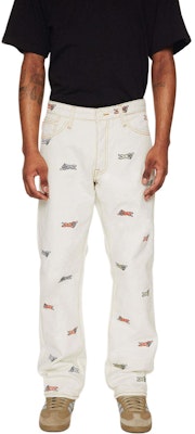 아이스크림 SS24 화이트 프린트 스트레이트핏 포켓 캐주얼 팬츠 유니섹스. 441-2102-ANTIQUE Shop 아이스크림 SS24 화이트 프린트 스트레이트핏 포켓 캐주얼 팬츠 유니섹스. 441-2102-ANTIQUE