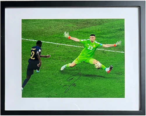 ICONS Memorabilia Emiliano Martinez Signed 2022 World Cup Save Photo with Frame & COA. I2499 Buy ICONS Memorabilia Emiliano Martinez Signed 2022 World Cup Save Photo with Frame & COA. I2499