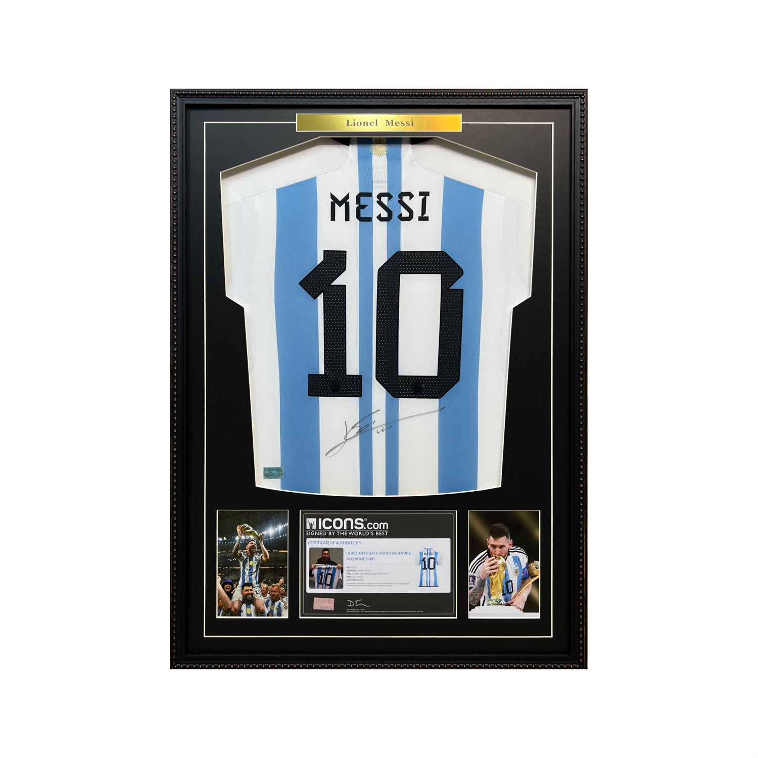 ICONS Memorabilia Lionel Messi Signed Argentina 2-Star Jersey with Frame & Certificate. JK9289667