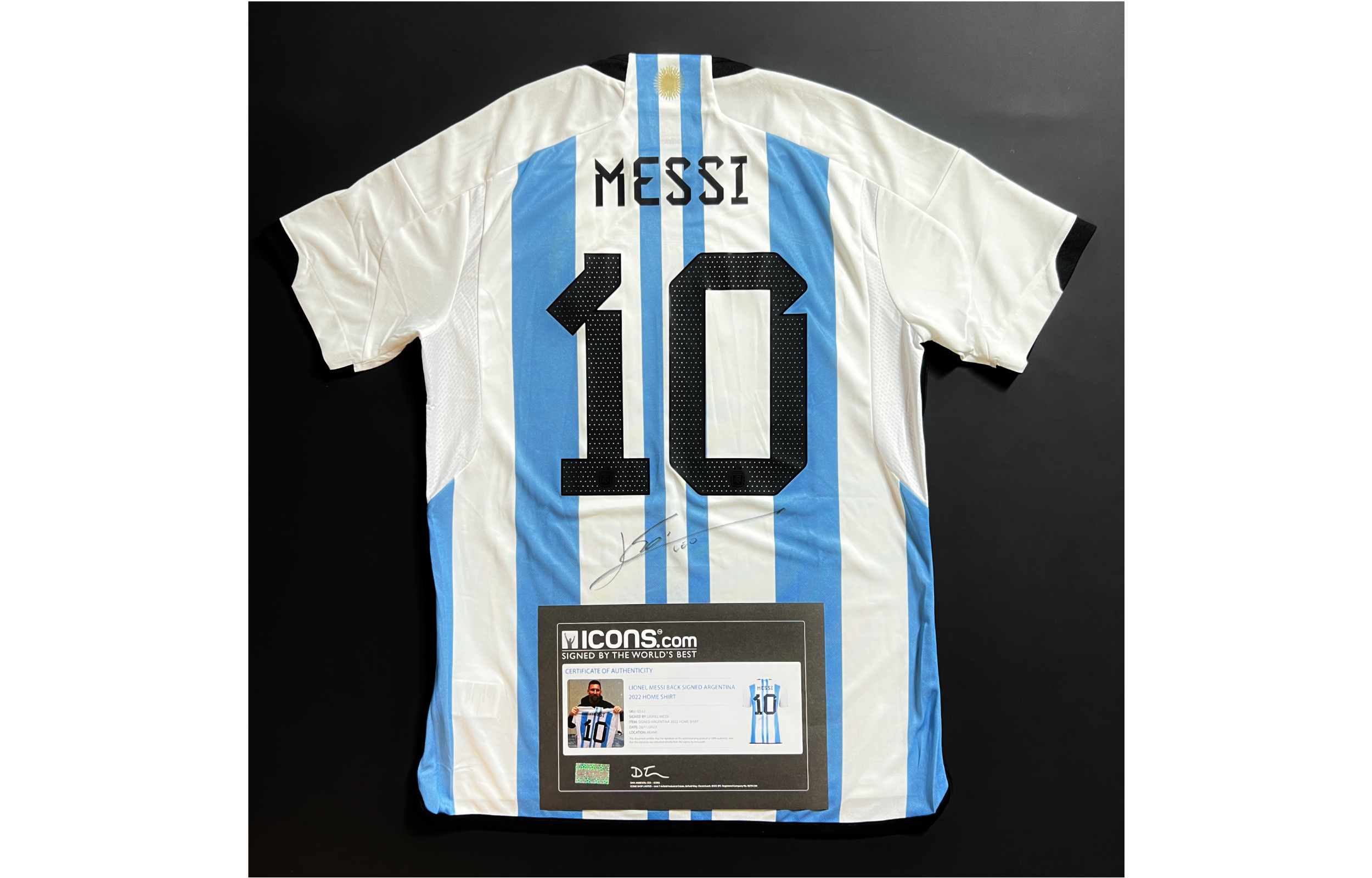 ICONS Memorabilia Lionel Messi Signed Argentina 2022 Home Jersey with COA - 2 Star Edition. I2553