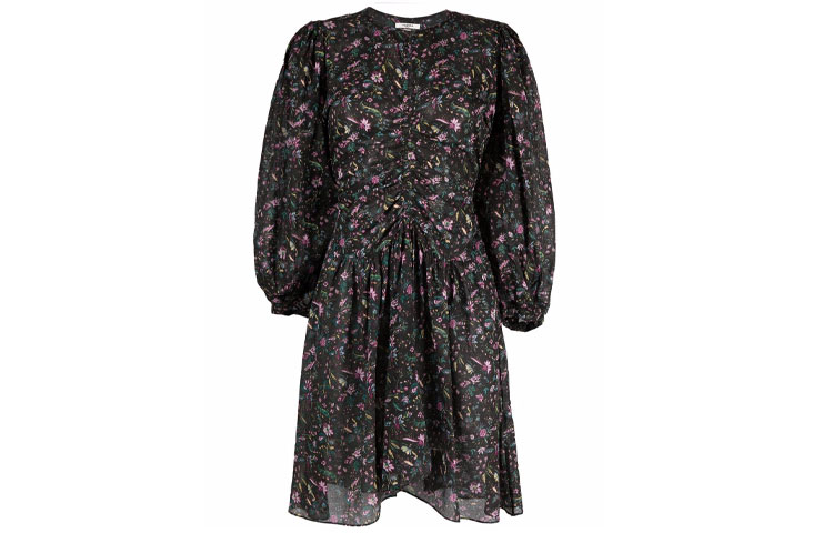 ISABEL MARANT Floral Print Ruched Waist Long Sleeve A-Line Dress Black RO202721A027E-99MU