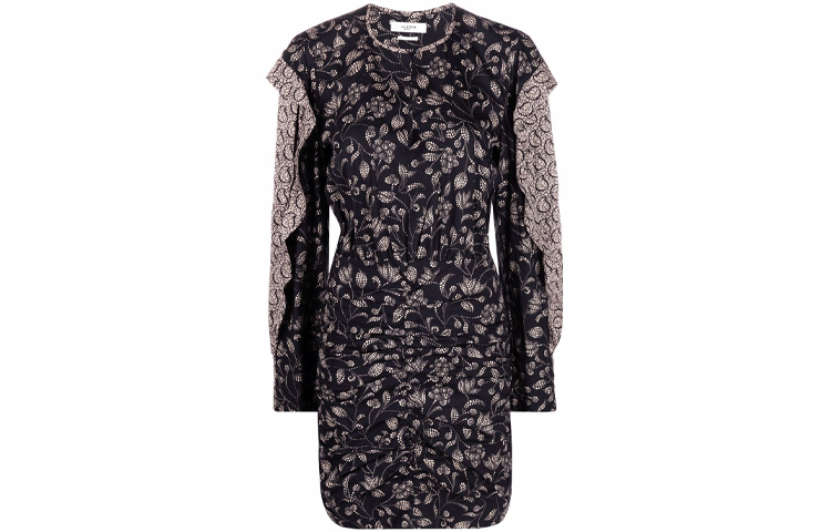 ISABEL MARANT FW21 Floral Ruffle Detail Long Sleeve A-Line Dress Black 21ARO200821A026E-01BK
