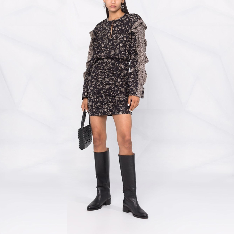 Lookbook イザベル マラン FW21 フローラル ラッフルロングスリーブ Aラインドレス ブラック 21ARO200821A026E-01BK