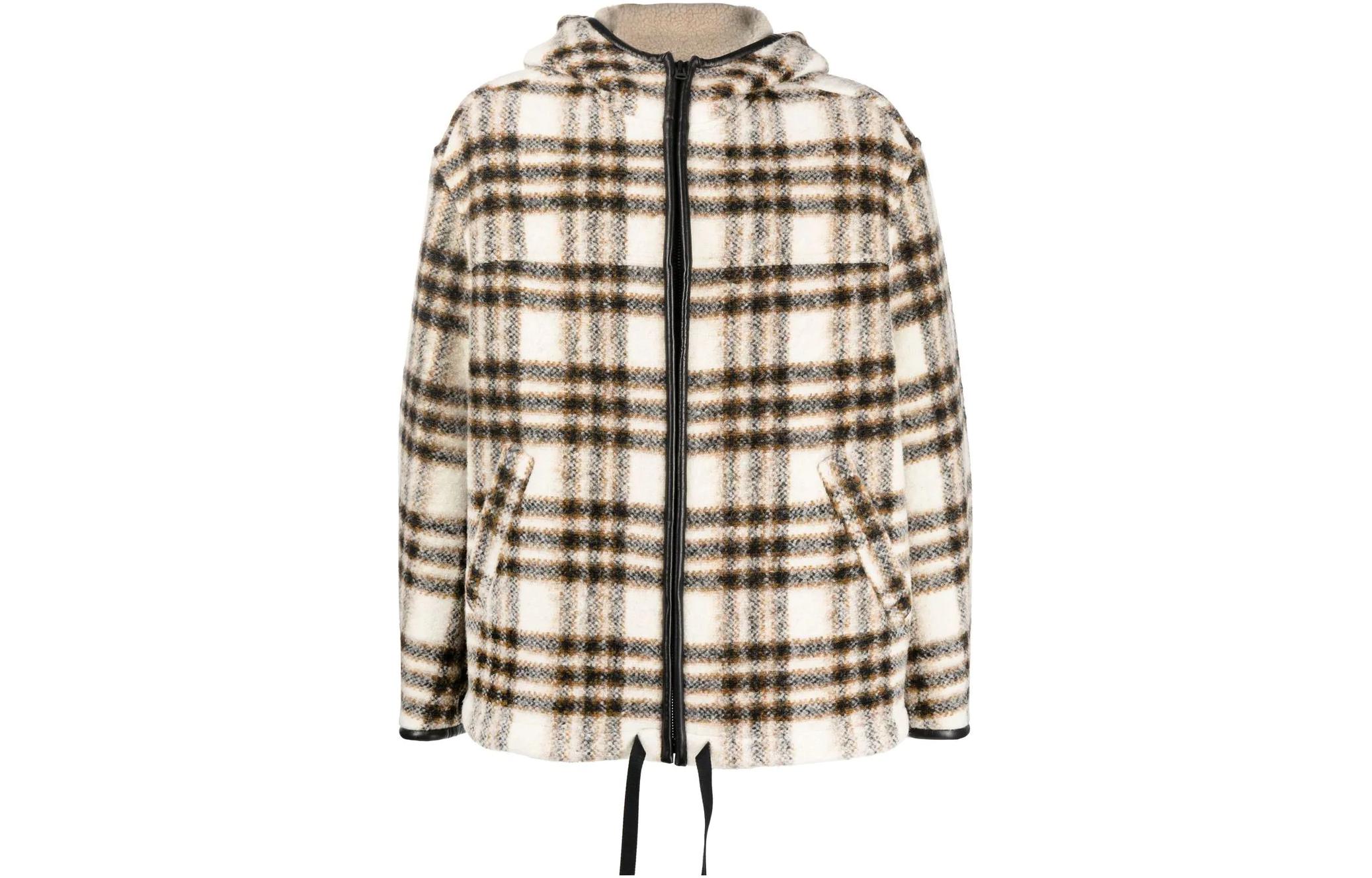 ISABEL MARANT FW22 Brown Plaid Hooded Jacket with Leather Trim MA124422A011H