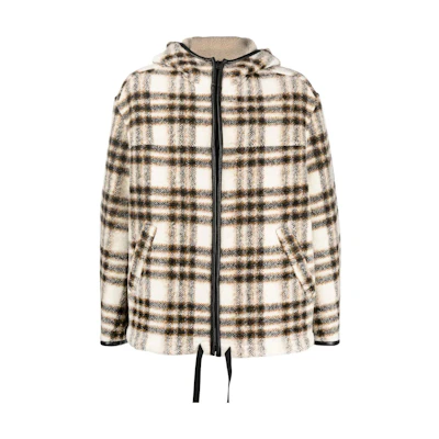 ISABEL MARANT FW22 Brown Plaid Hooded Jacket with Leather Trim MA124422A011H