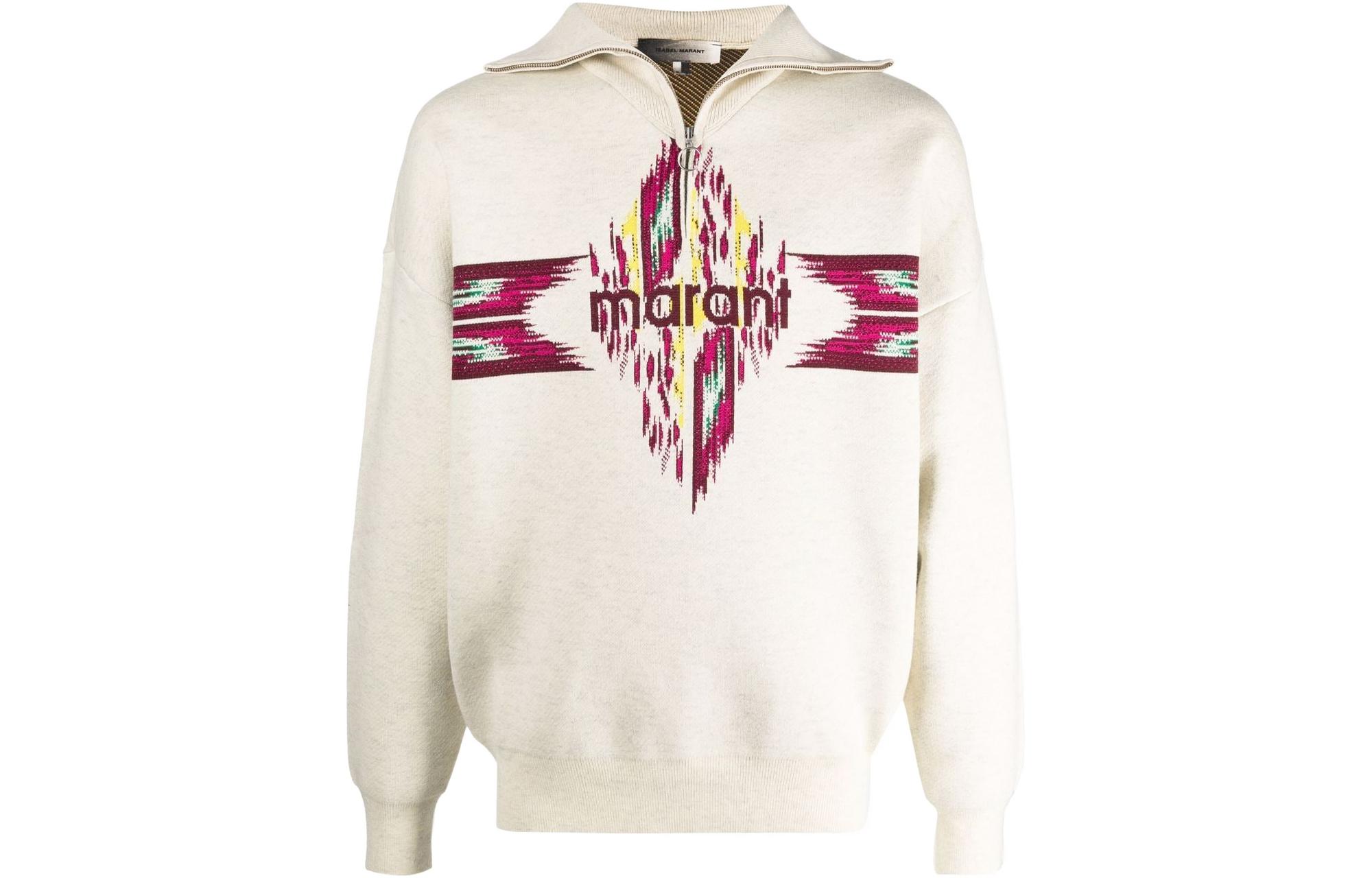 ISABEL MARANT SS22 Logo Print Half-Zip Pullover Sweatshirt Beige Men PU180522P061H02LY