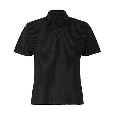 ISSEY MIYAKE Black Short Sleeve Polo with Pleated Stripe Detail HP55JM430-15