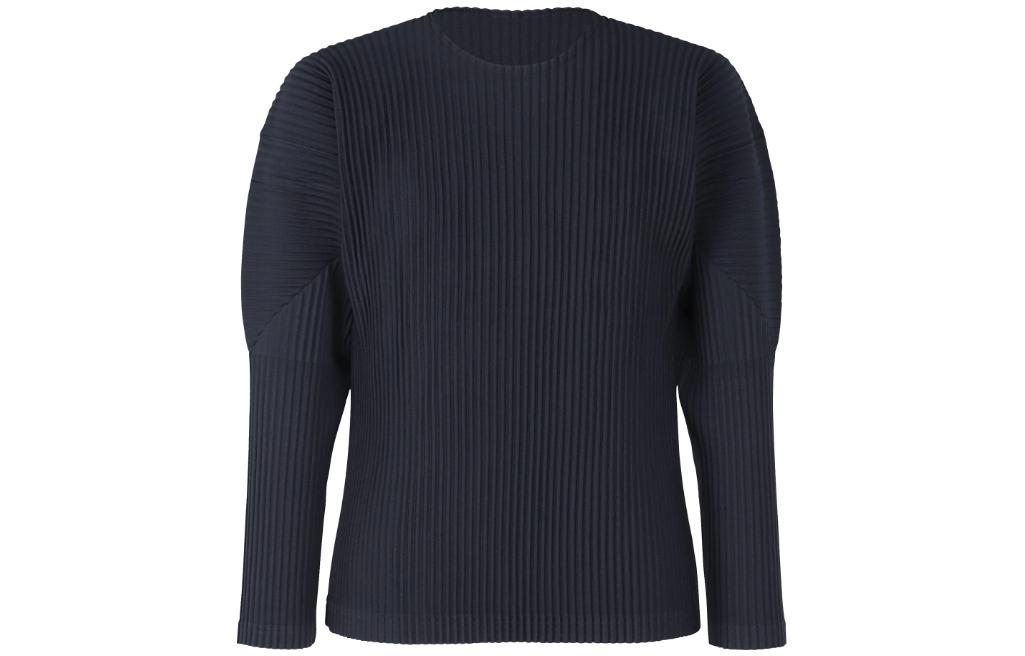 ISSEY MIYAKE  Navy Blue Solid Pleated Long Sleeve Crew Neck T-Shirt HP55JK421-75