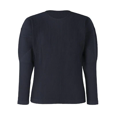 ISSEY MIYAKE Navy Blue Solid Pleated Long Sleeve Crew Neck T-Shirt HP55JK421-75