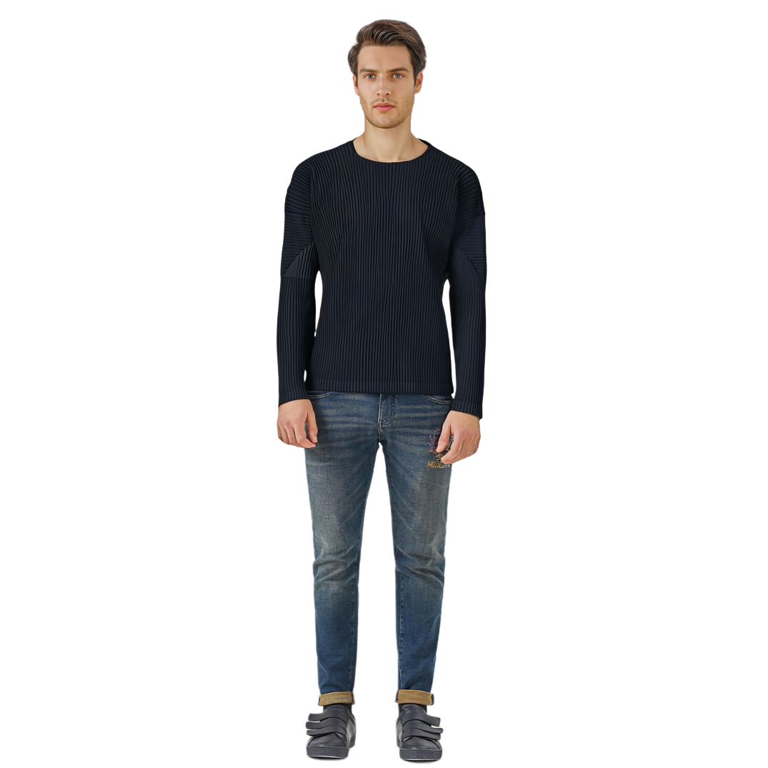 Purchase ISSEY MIYAKE 深藍色百褶長袖圓領T恤 HP55JK421-75