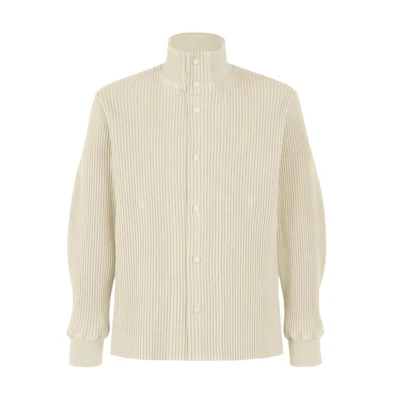 Issey Miyake Beige Kersey Pleats Knit Button-Up Jacket Long Sleeve HP33FC308-01
