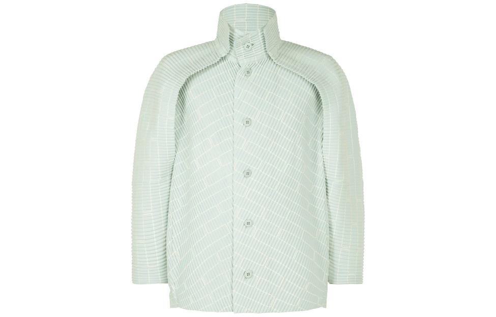 ISSEY MIYAKE Embroidery Pleats Green Striped Collar Slim Fit Jacket Men HP33JC355-70