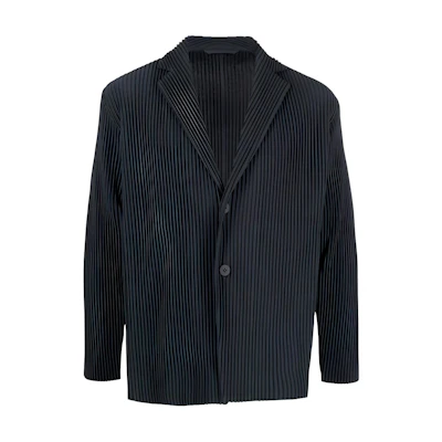 ISSEY MIYAKE FW22 Black Pleated Trapeze Collared Button-Up Blazer. HP28JD151-14