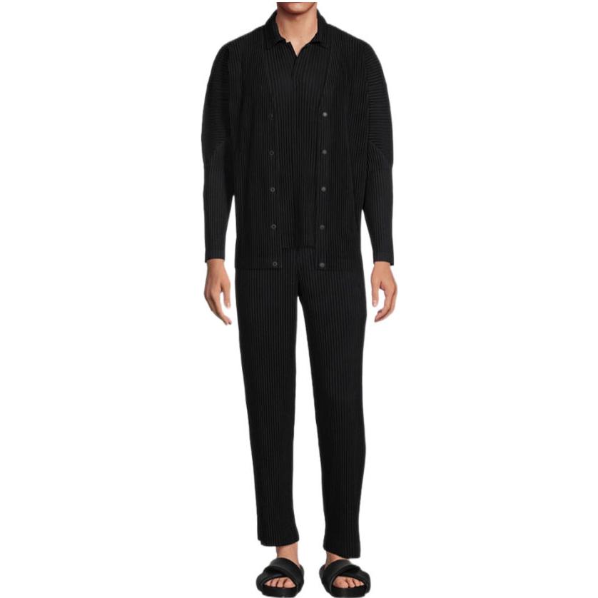 Lookbook ISSEY MIYAKE FW23 黑色純色百褶針織長袖開襟外套 HP39JL441-15