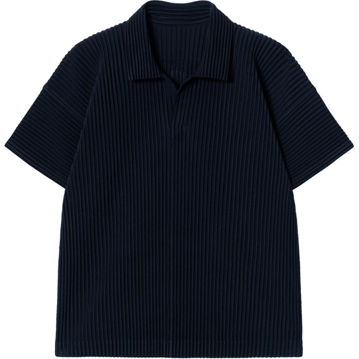 ISSEY MIYAKE Navy Blue Pleated Short Sleeve Polo Shirt for Men. HP55JM430-75