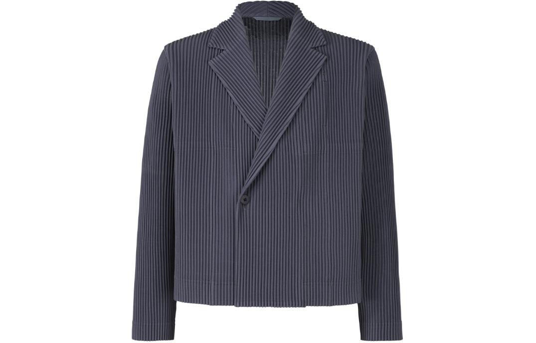 ISSEY MIYAKE Solid Ribbed Long Sleeve Blazer Jacket - Navy Blue HP41JD156-76