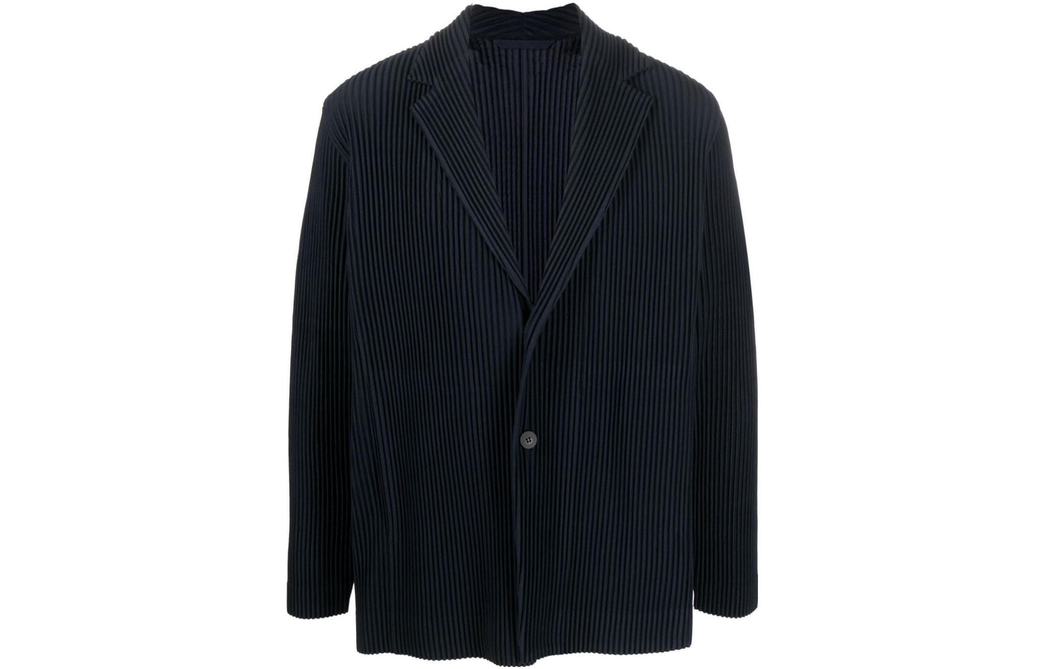 ISSEY MIYAKE Solid Stripe Collared Long-Sleeve Jacket - Blue HP38JD401-75