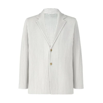 ISSEY MIYAKE Striped Notch Lapel Single-Breasted Jacket Men’s Light Gray. HP55JD401-11