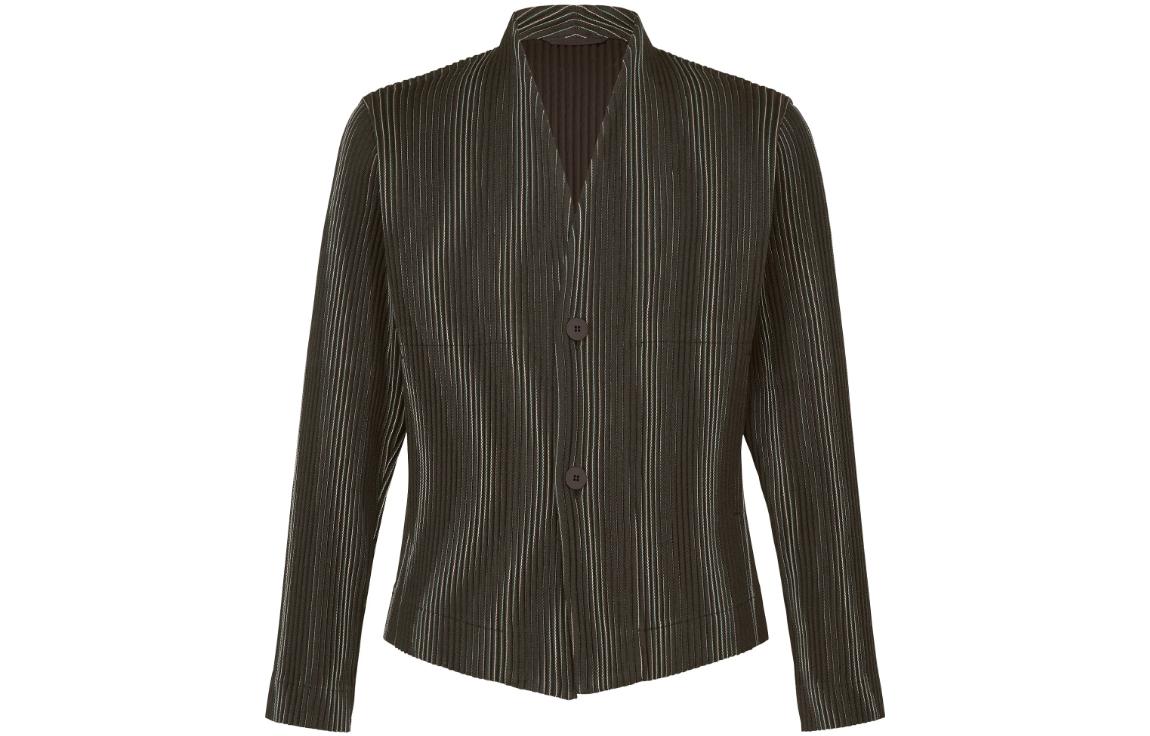 ISSEY MIYAKE Tweed Pleats V-Neck Striped Print Long Sleeve Jacket Brown Men HP33FD320-44