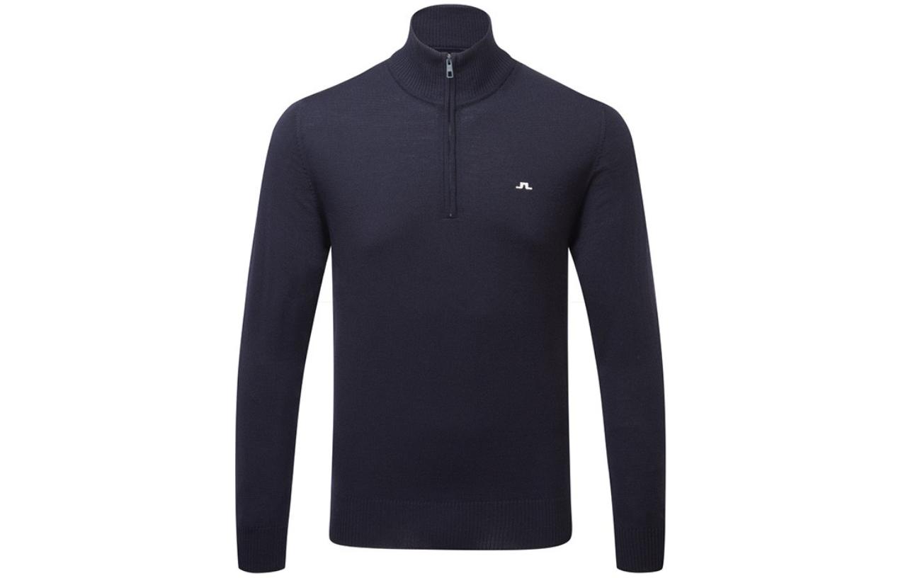 J.Lindeberg Solid Navy Blue Stand-Collar Slim Fit Sweatshirt GMKW06357-6855