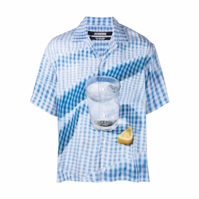 Jacquemus Blue Checkered 3D Water Cup Print Short Sleeve Shirt. 216SH20110023AK