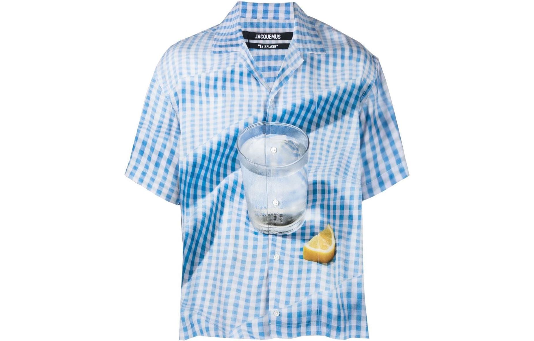 Order Jacquemus Kemeja Pendek Motif Kotak Biru Cetak Gelas 3D. 216SH20110023AK