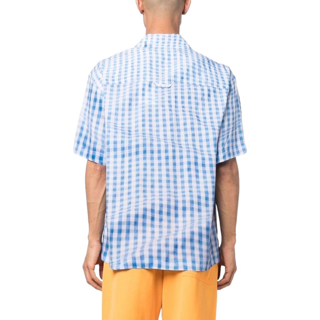 Shop Jacquemus Kemeja Pendek Motif Kotak Biru Cetak Gelas 3D. 216SH20110023AK