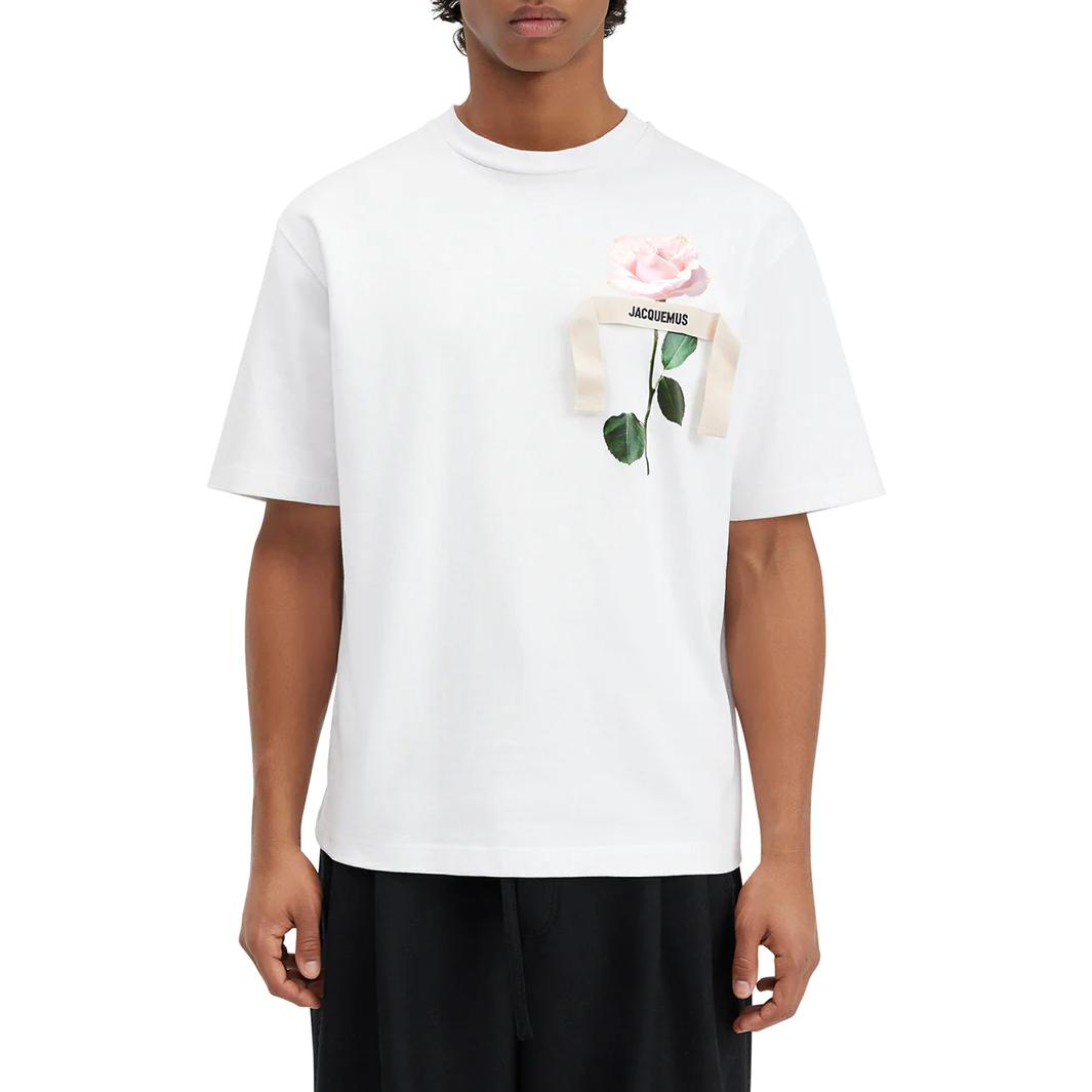 Lookbook ジャックムス ホワイト フローラル柄 クルーネック 半袖 Tシャツ 236JS18420991FM