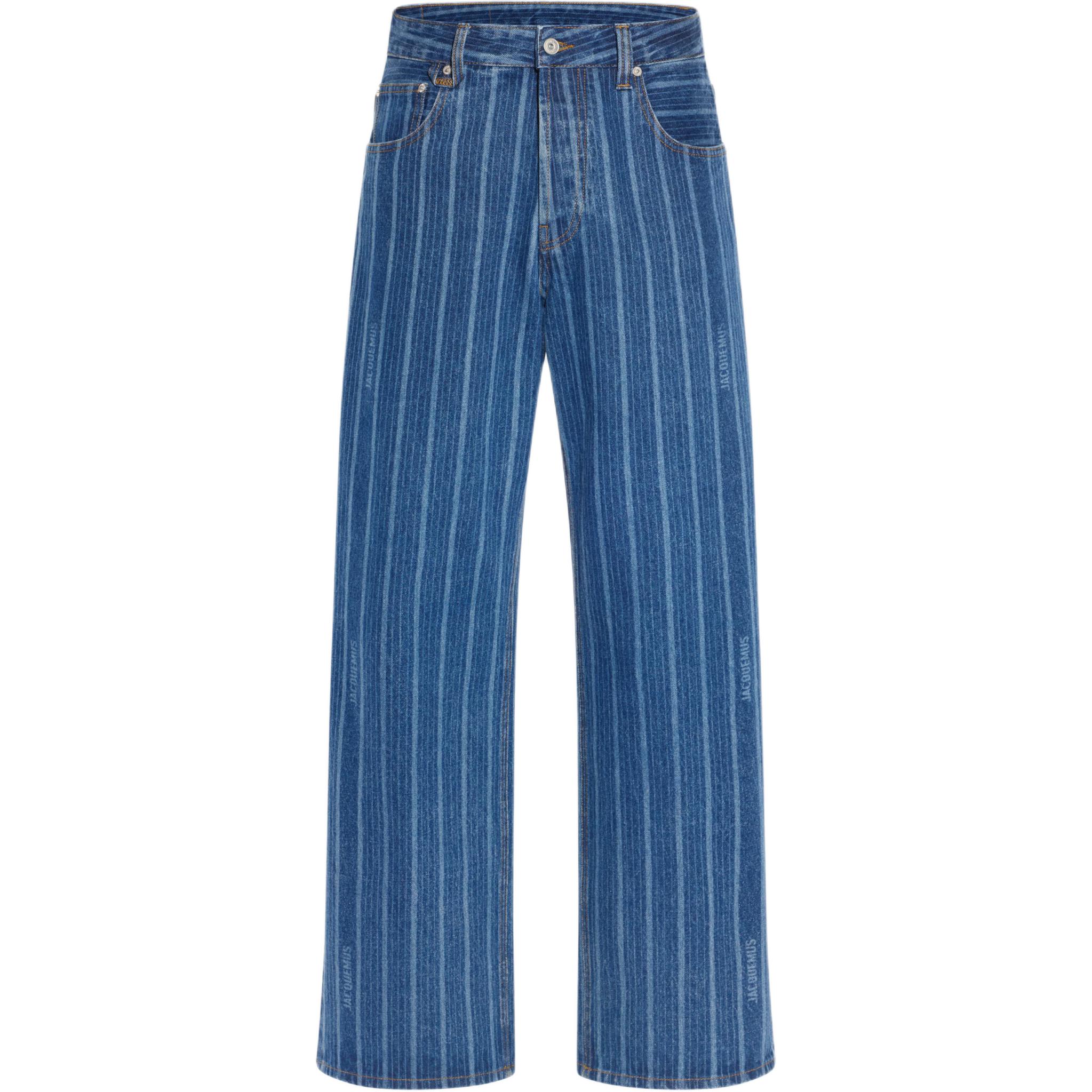 Jacquemus FW24 Baggy Mid-Rise Washed Blue Striped Jeans for Men. 245DE038-1513-3FF