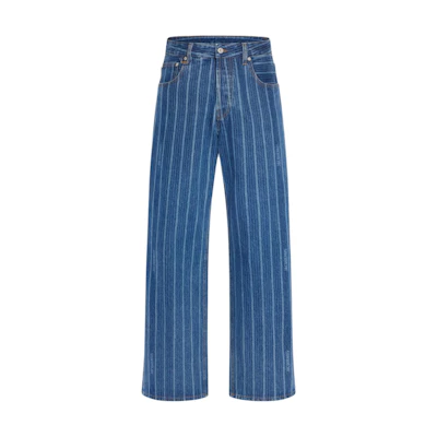 Jacquemus FW24 Baggy Mid-Rise Washed Blue Striped Jeans for Men. 245DE038-1513-3FF