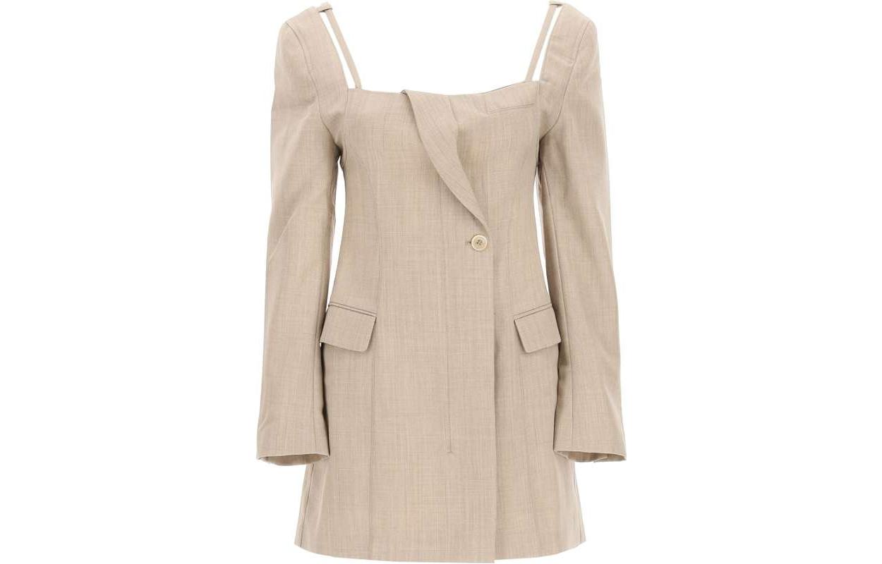 Jacquemus Solid Square Neck Long Sleeve Dress Light Brown. 213DR01-213-126170