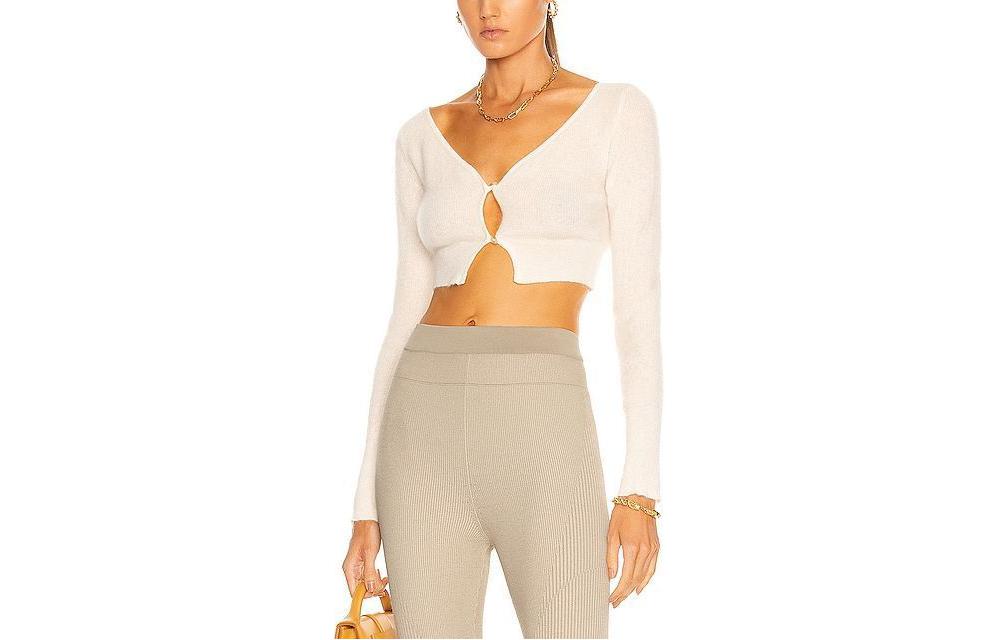 Jacquemus Solid V-Neck Button-Up Mohair Sweater Beige Fashion. 213KN2032360110