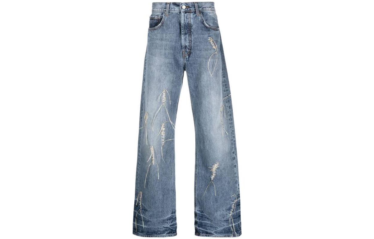 Jacquemus SS23  Wide-Leg Jeans with Distressed Stitching in Light Blue. 235DE00813893AU