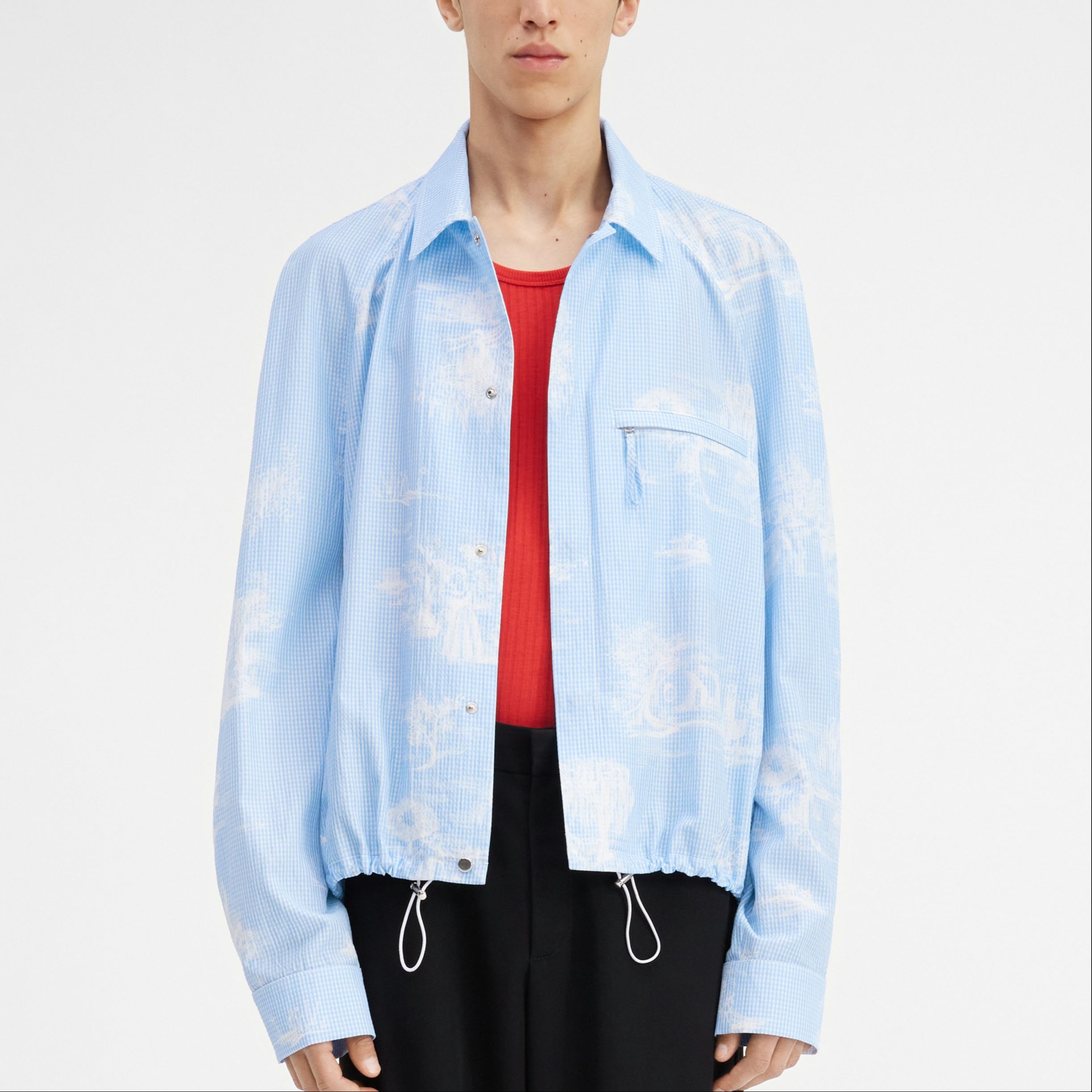 Shop Jacquemus Kemeja Bomber Vichy Biru Lengan Panjang Kancing Raglan Collar. 236SH059-1499-3BV