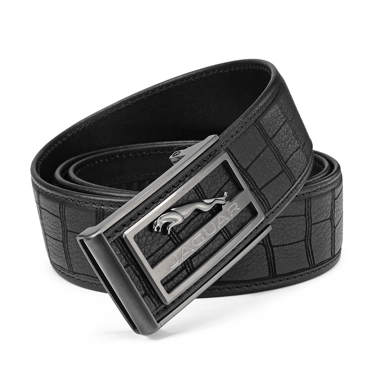 JAGUAR Black Leather Belt with Steel Automatic Buckle, 3.7cm Width. JX3222110163A