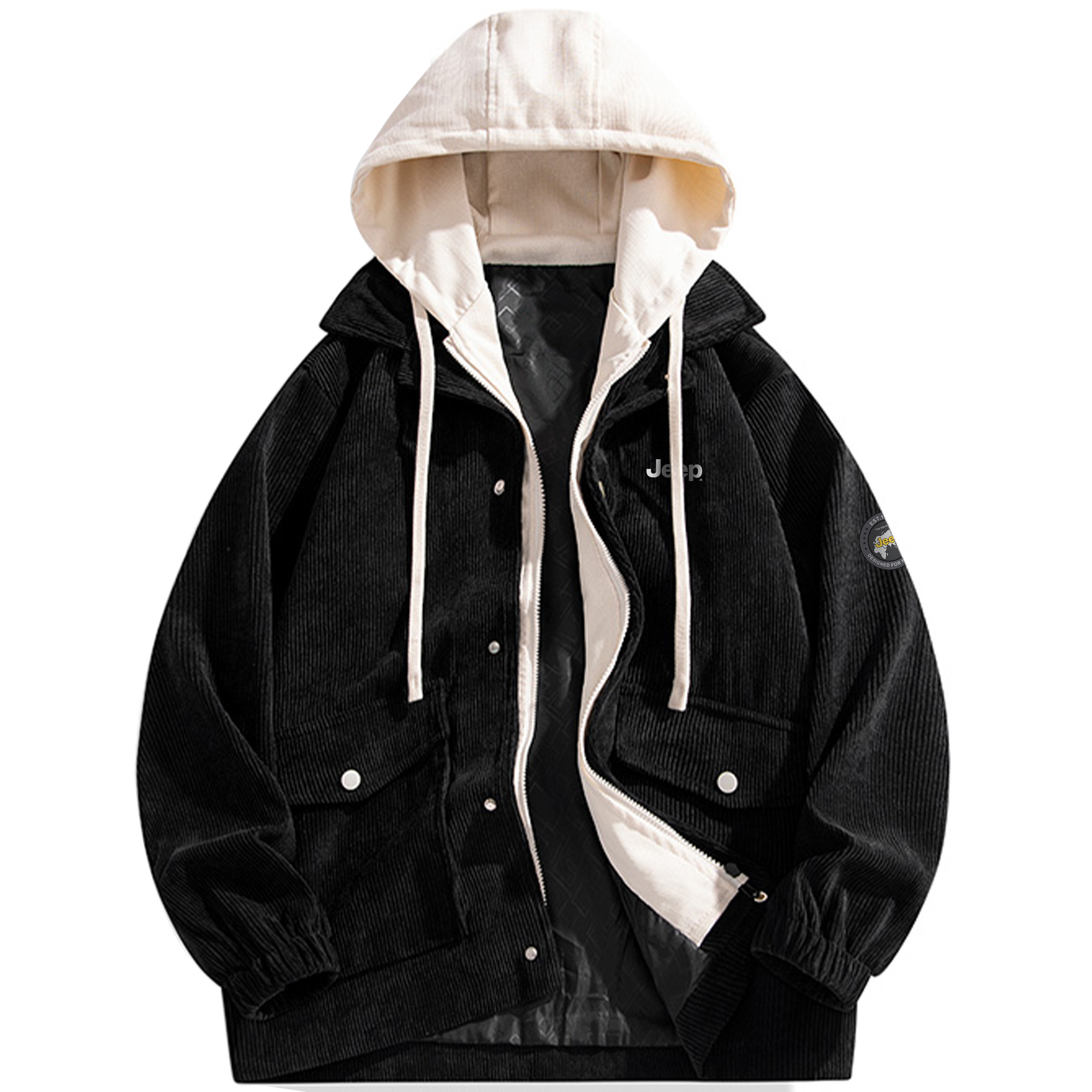 Jeep Corduroy Hooded Jacket with Letter Print, Faux Layer, and Fleece Lining Unisex P833MWJ522-ST