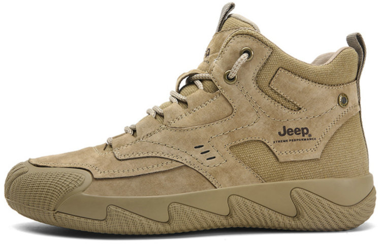 Jeep Khaki Leather High-Top Casual Shoes - Warm, Slip-Resistant & Durable. P341291136 Khaki.
